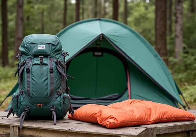 Attrezzatura da campeggio professionale esposta in un ambiente naturale