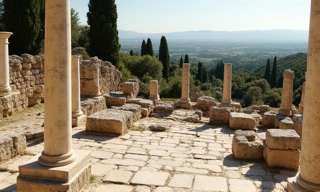 Trekking tra le rovine di una villa antica nei pressi di Roma circondata da pini marittimi